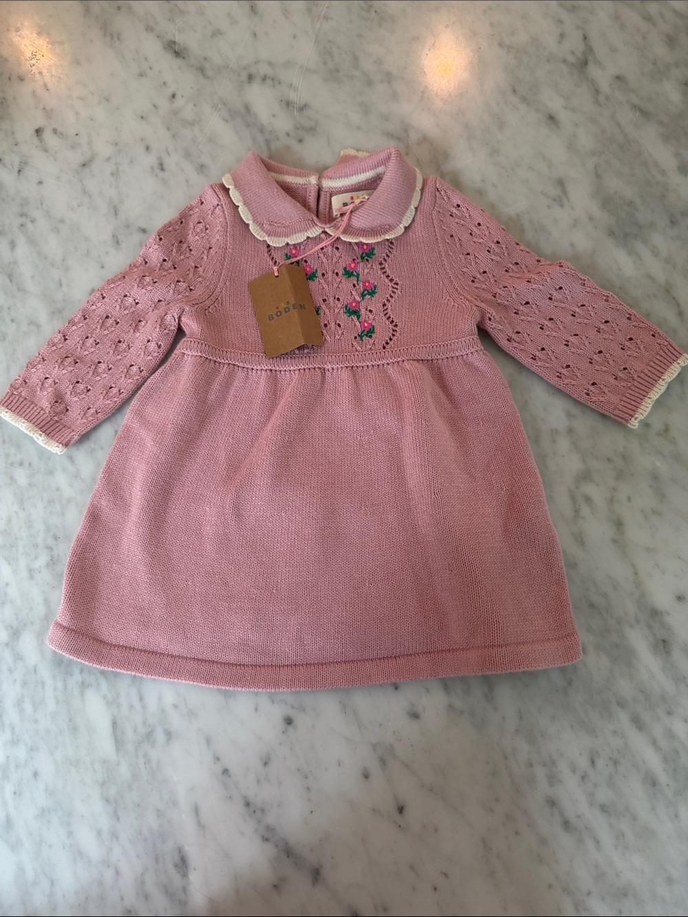 Boden Pink Knit Dress with Scalloped Collar and Floral Embroidery
